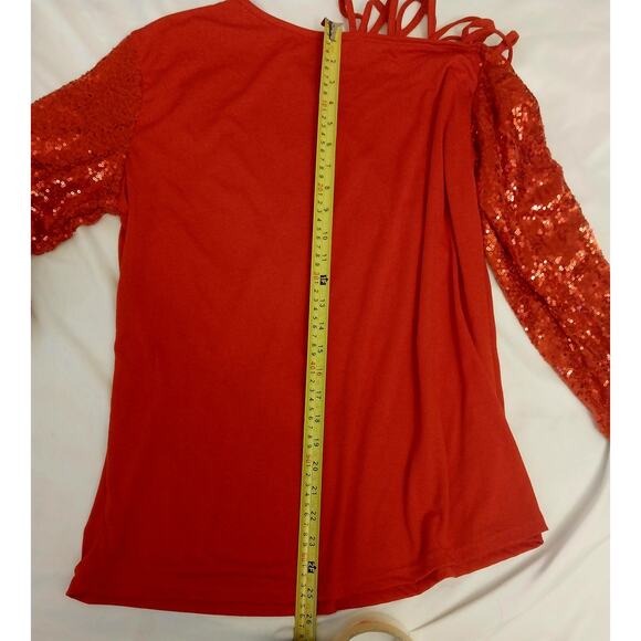 Red Sequin Cold Shoulder Strappy Long Sleeve Shirt Women’s 2XL Holiday Party - Picture 7 of 9